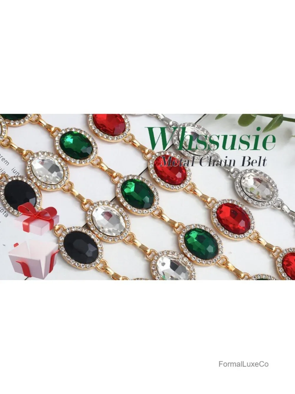 Gold Metallic Chain Belt Adjustable Rhinestone Waist Belt for Dresses